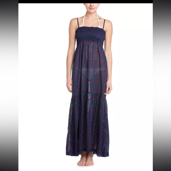 French Connection Blue Ditsy Leaf Nocturnal Maxi Swim Coverup Beach Dress XS - Picture 1 of 9